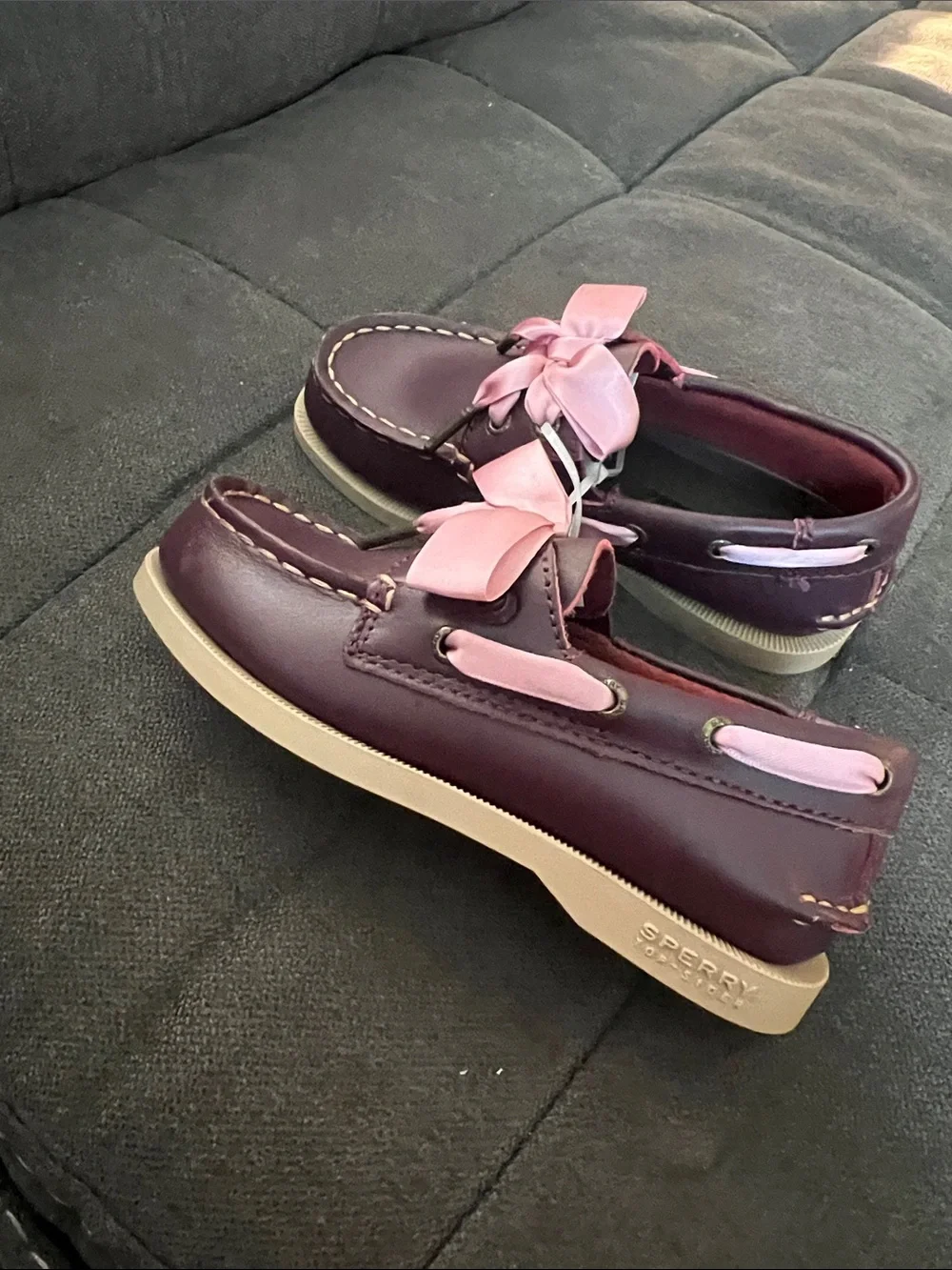 Sperry Burgundy Kids Moccasins with Pink Ribbon